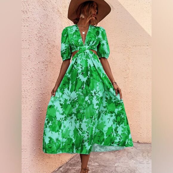SHEIN Green Floral Print Cut Out Puff Sleeve Dress Size XL NWOT 10 367 - Picture 1 of 8